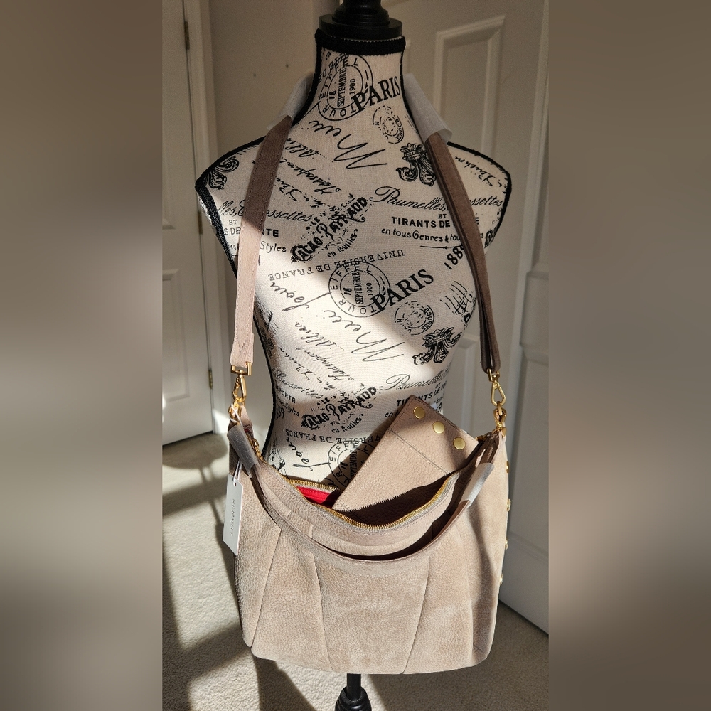 NWT HAMMITT Grey Taupe Natural Morgan Bag and Used Matching Wallet Set $445 bag